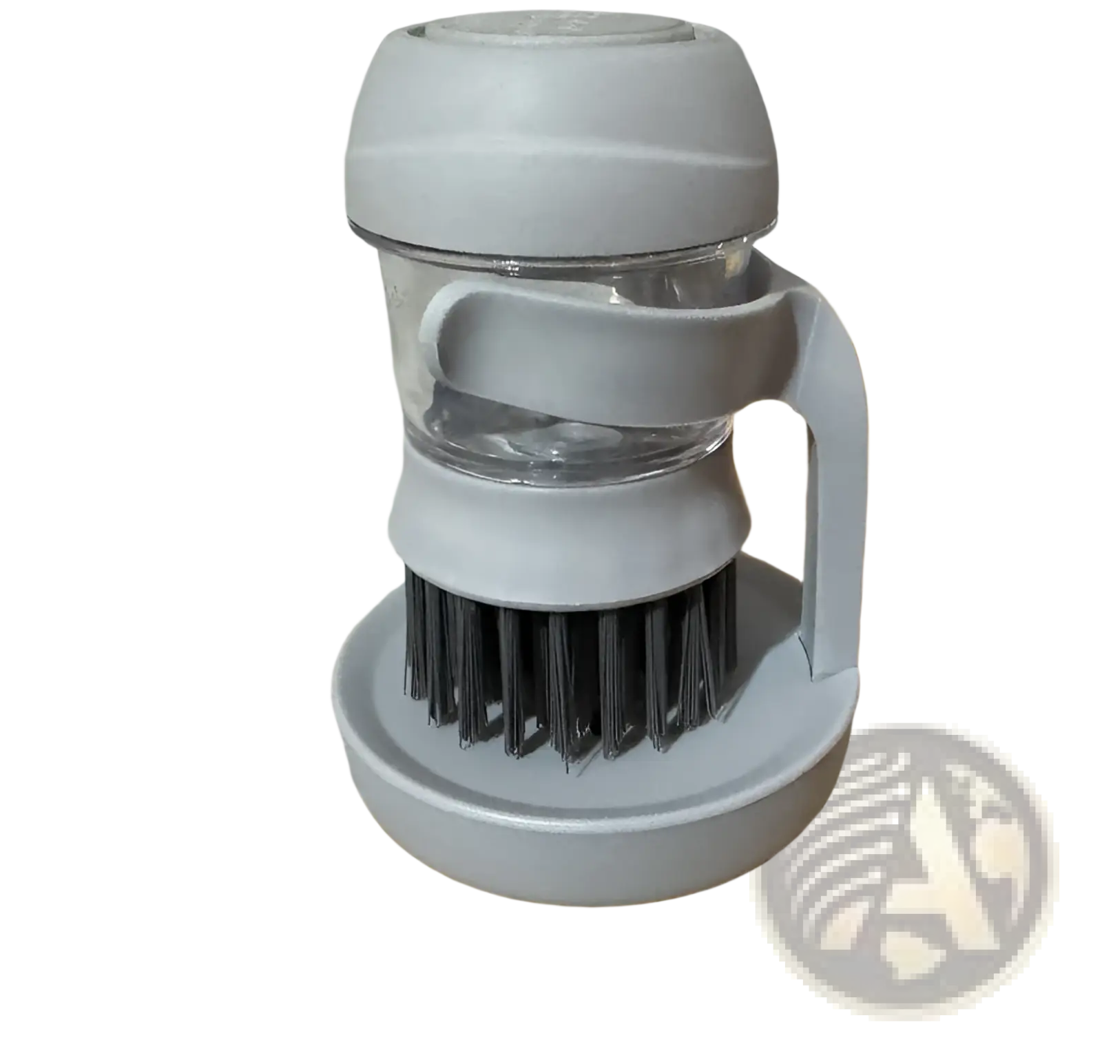 Gray plastic and clear acrylic multifunctional liquid dispensing pot cleaning brush with handle, bristle head, and detachable cap