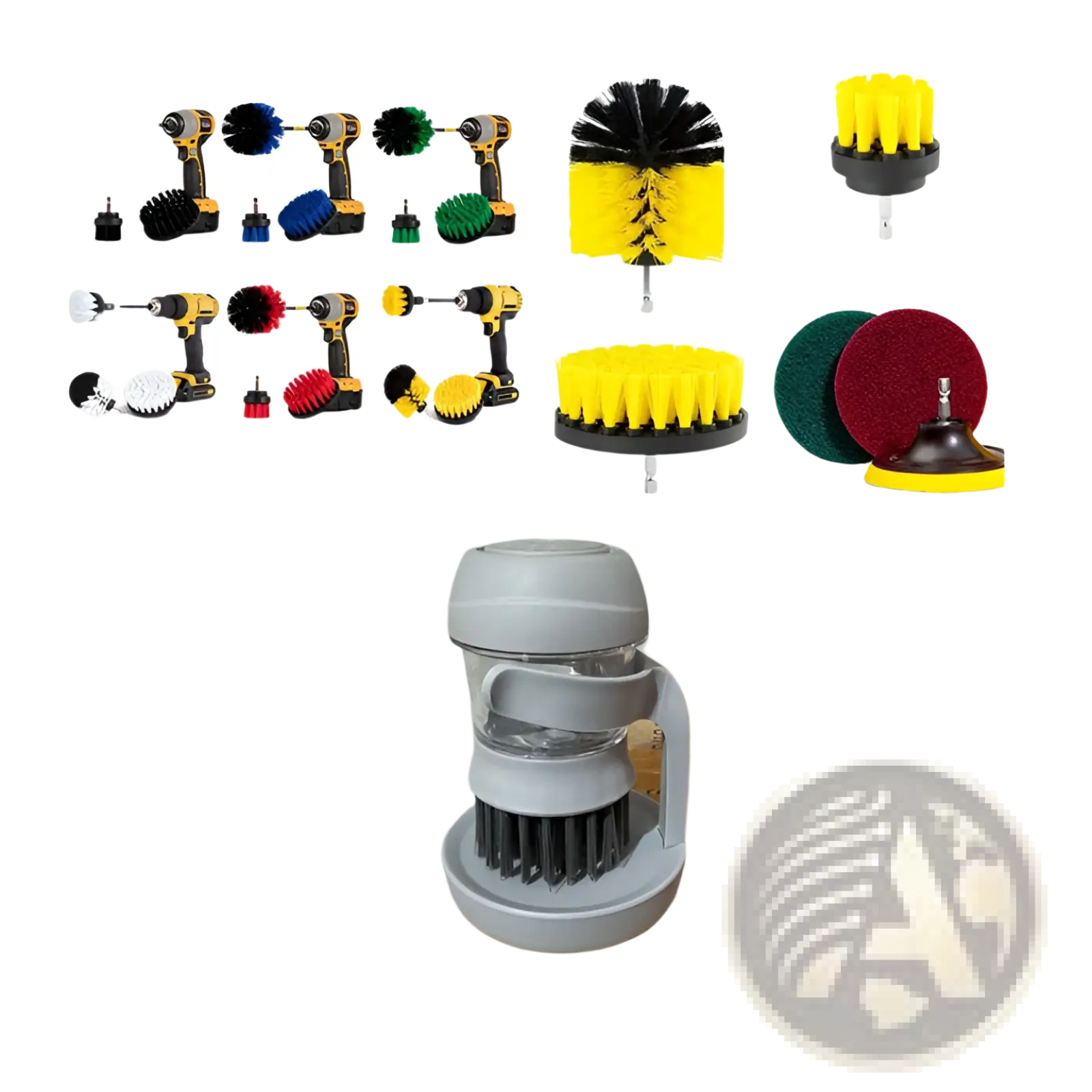 Multifunctional liquid dispensing pot cleaning brush with gray plastic and metal attachment and black bristles for drills