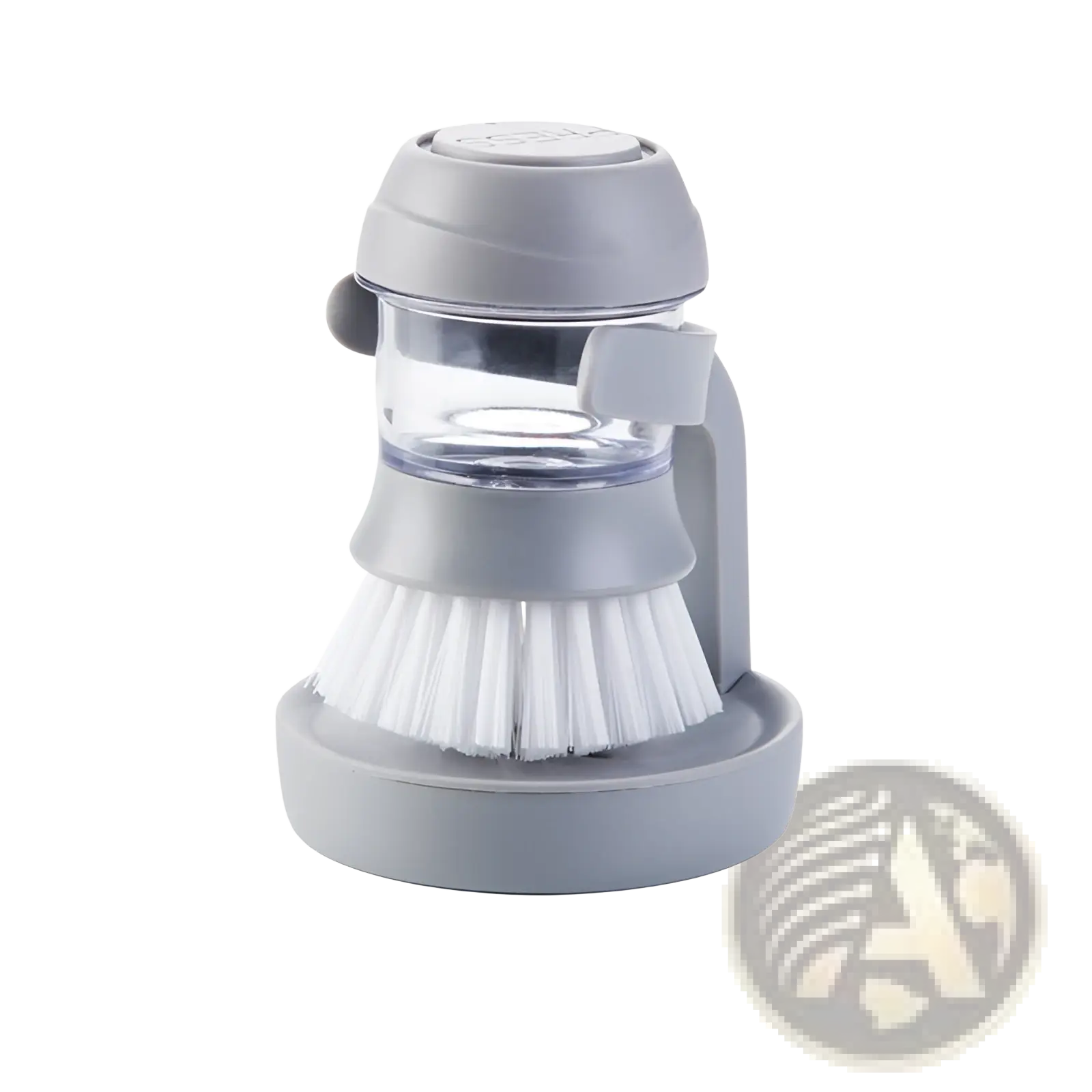 Multifunctional gray plastic dish brush with white bristles and clear liquid dispensing reservoir for pot cleaning