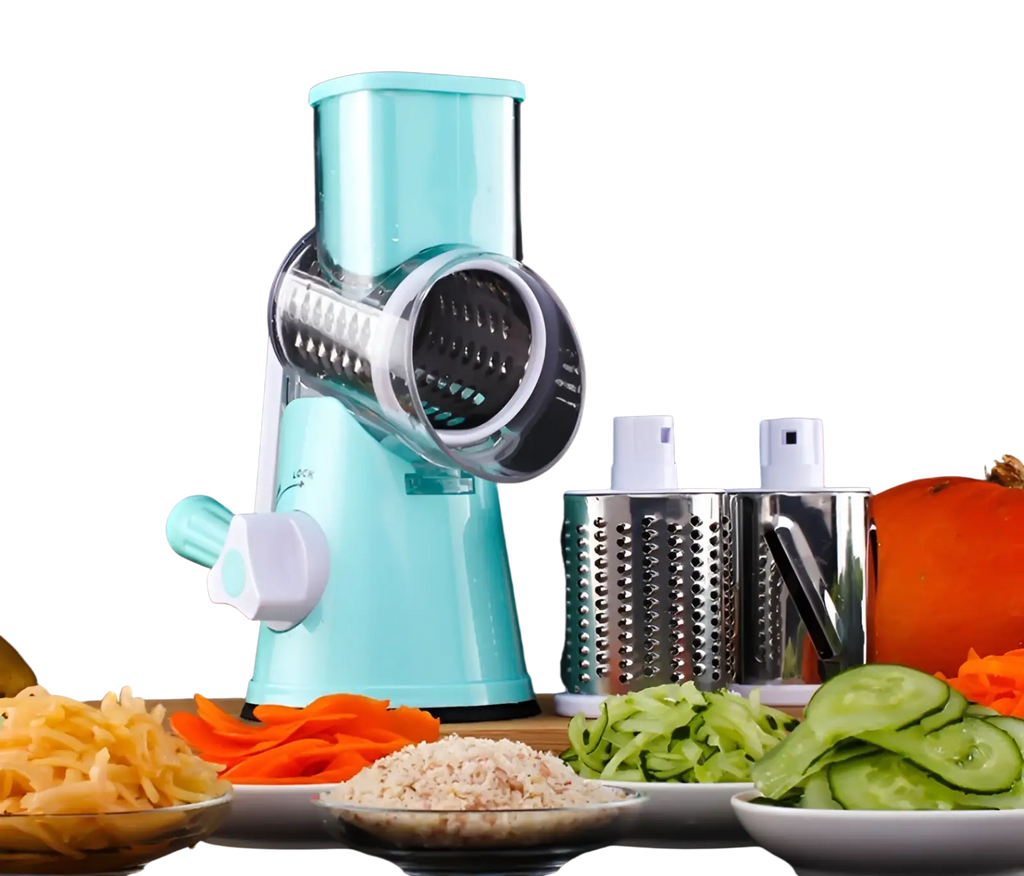 Light blue plastic multifunctional mandoline vegetable slicer and grater with interchangeable metal attachments