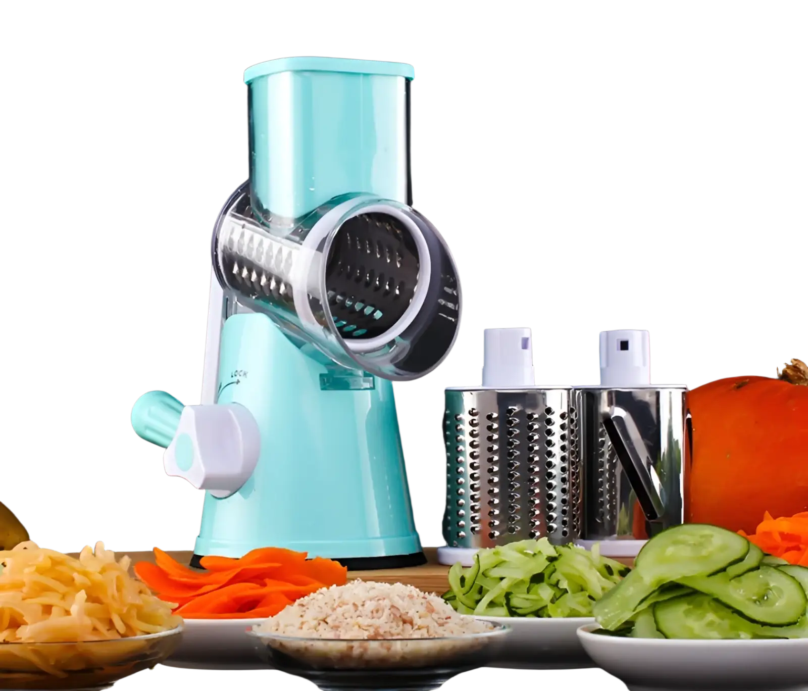 Light blue plastic multifunctional mandoline vegetable slicer and grater with interchangeable metal attachments