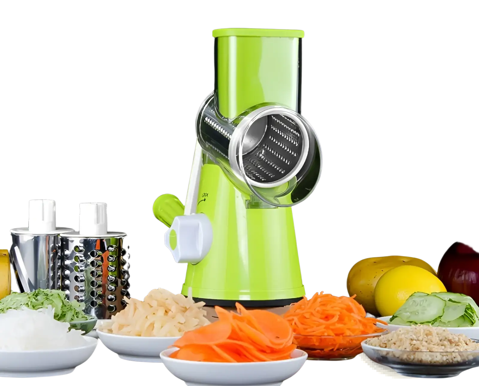 Multifunctional mandoline vegetable slicer and grater in bright lime green with stainless steel grating attachment and blades