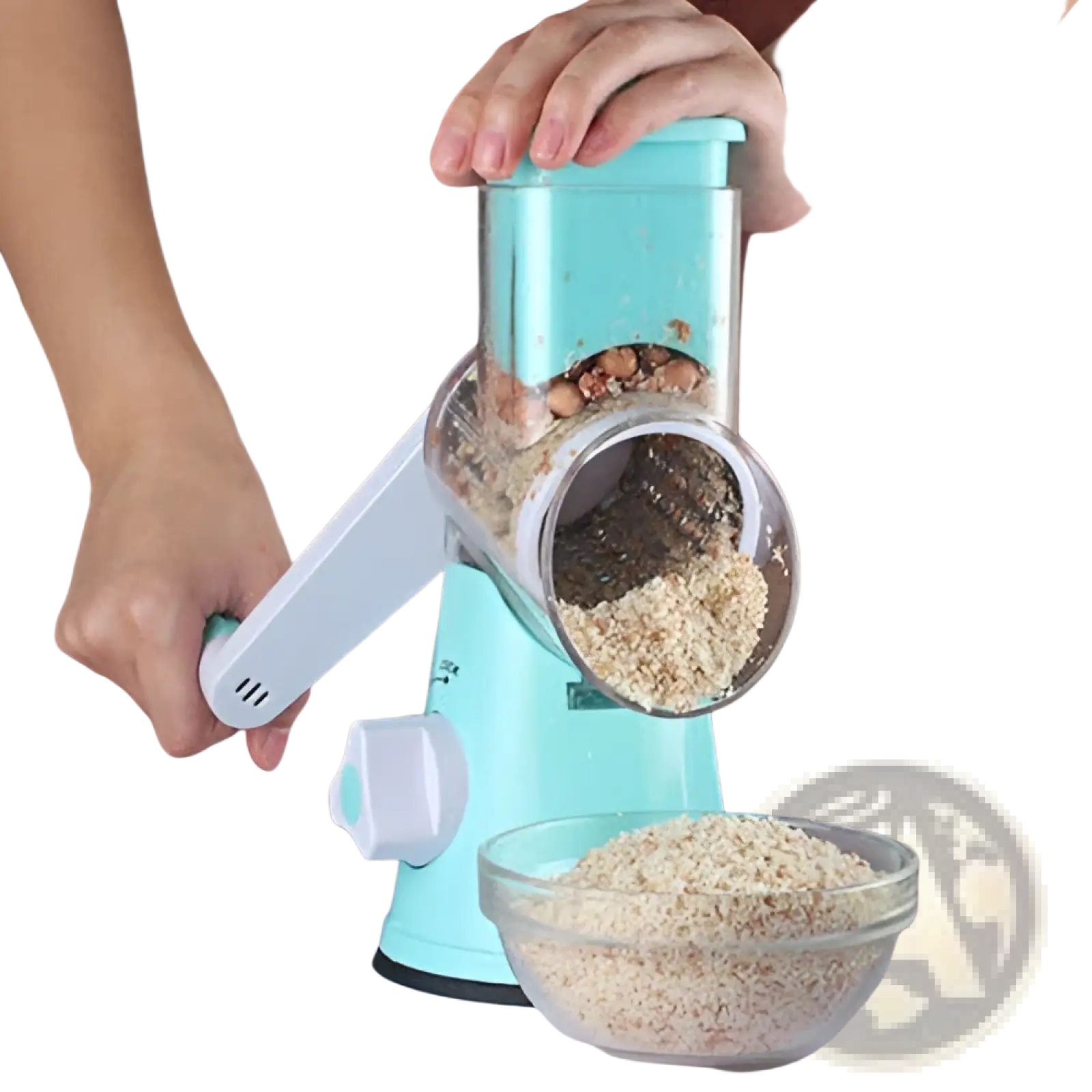 Light blue plastic multifunctional mandoline vegetable slicer with clear acrylic nut grinder collection bowl