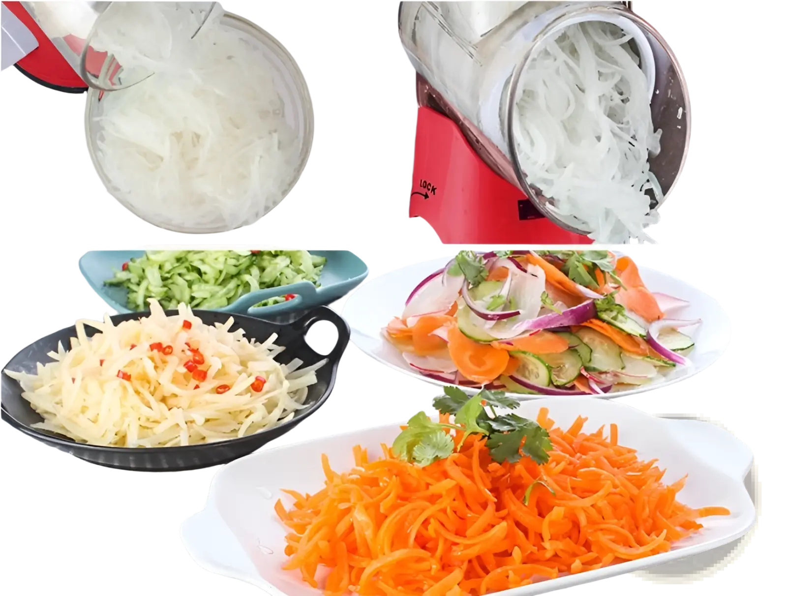 Multifunctional mandoline vegetable slicer and grater in red and silver with clear glass container for thin vegetable strips