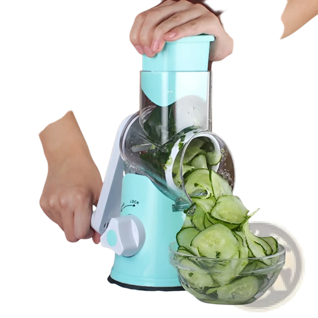 Multifunctional mandoline vegetable slicer and grater in light blue plastic with clear chamber and adjustable slicing mechanism