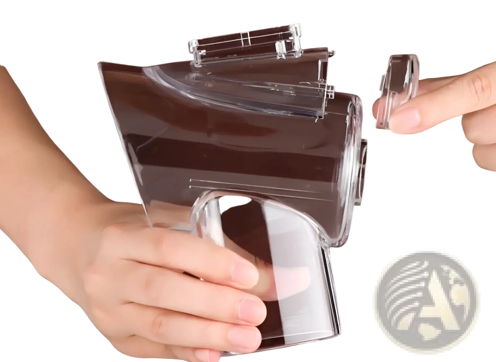 Clear plastic blender jar with matching lid and detachable components for multifunctional mandoline vegetable slicer and grater