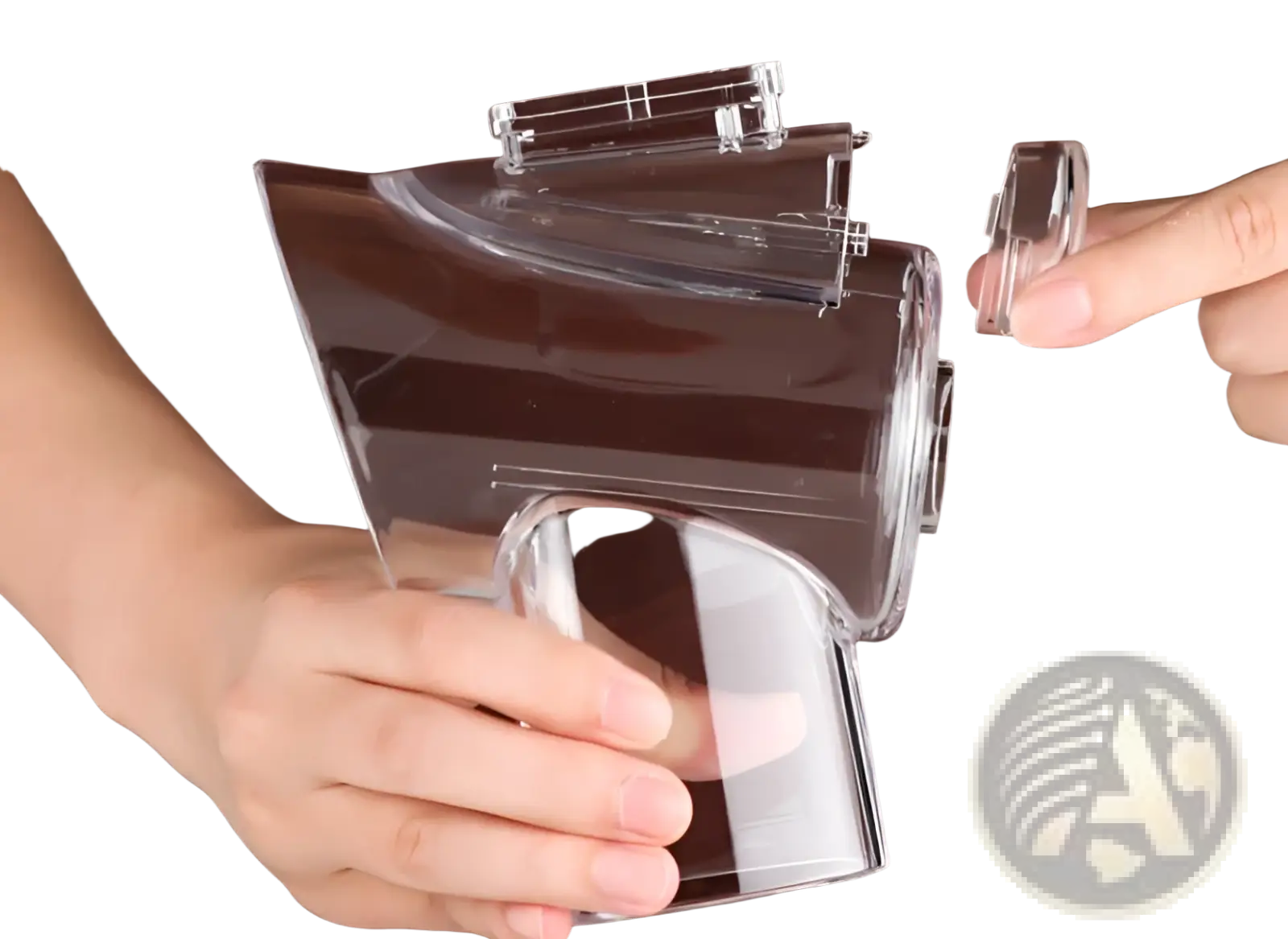Clear plastic blender jar with matching lid and detachable components for multifunctional mandoline vegetable slicer and grater