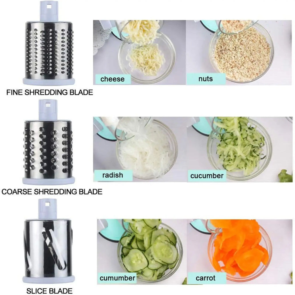 Set of three stainless steel blades with plastic handles for fine shredding coarse shredding and slicing in a multifunctional mandoline vegetable slicer and grater