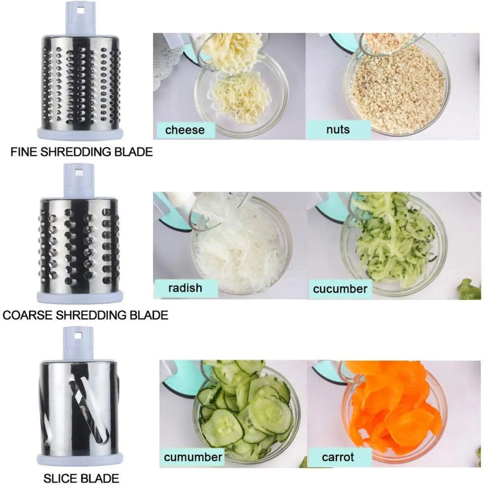 Set of three stainless steel blades with plastic handles for fine shredding coarse shredding and slicing in a multifunctional mandoline vegetable slicer and grater