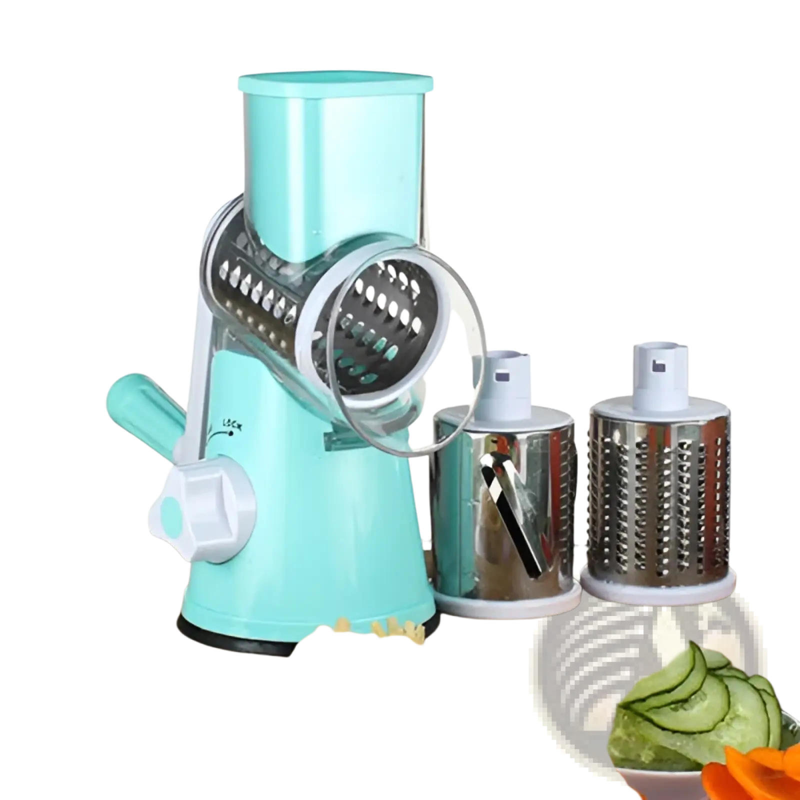 Light blue plastic multifunctional mandoline vegetable slicer with interchangeable metal grating attachments