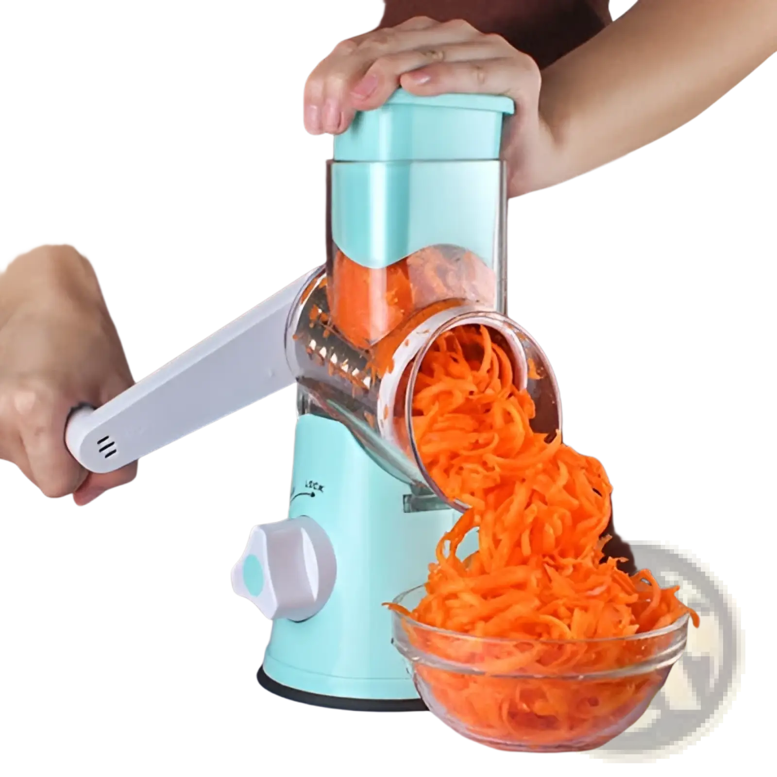 Light blue multifunctional mandoline vegetable slicer and grater with clear plastic feed tube shredding carrots