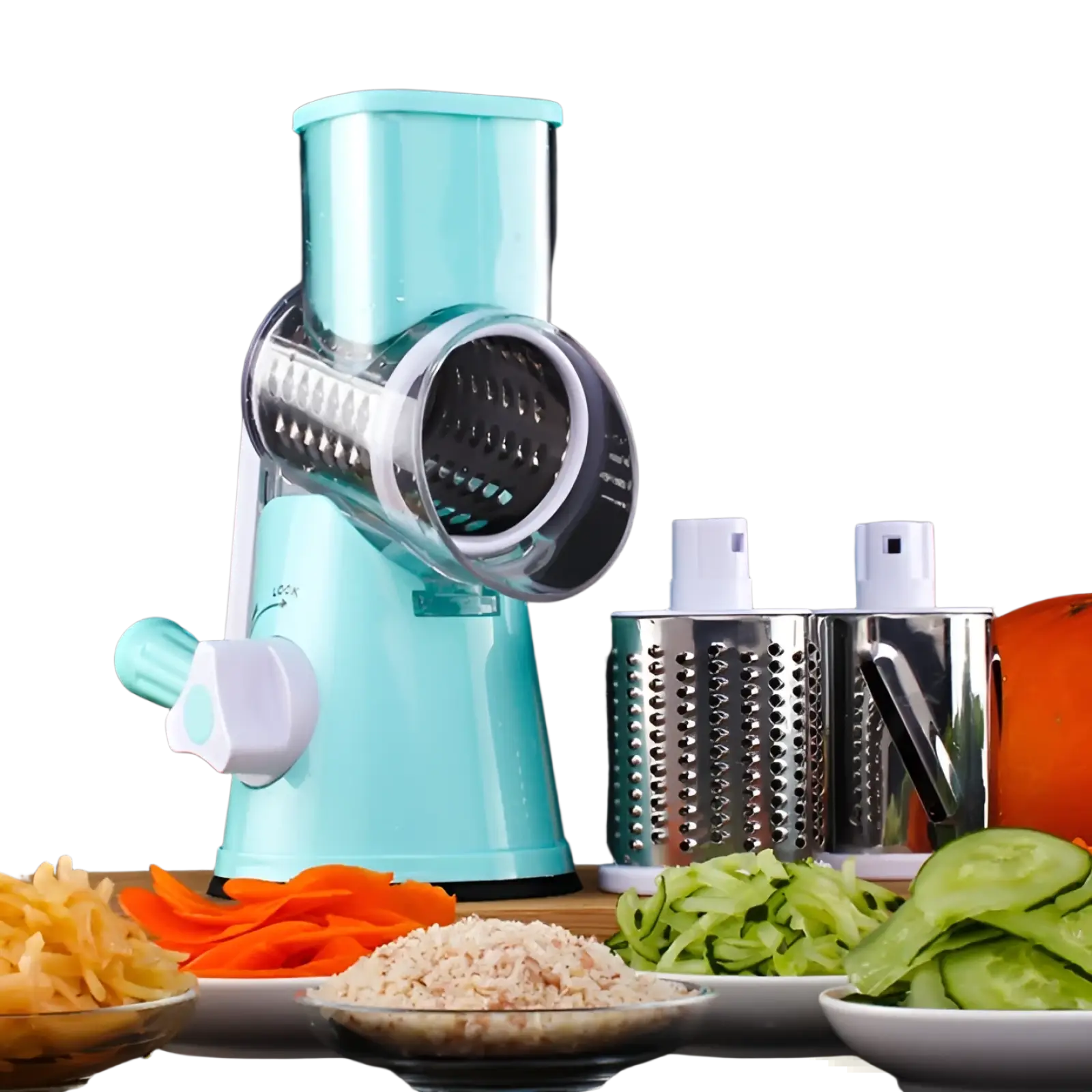 Turquoise plastic and stainless steel multifunctional mandoline vegetable slicer and grater with interchangeable blades