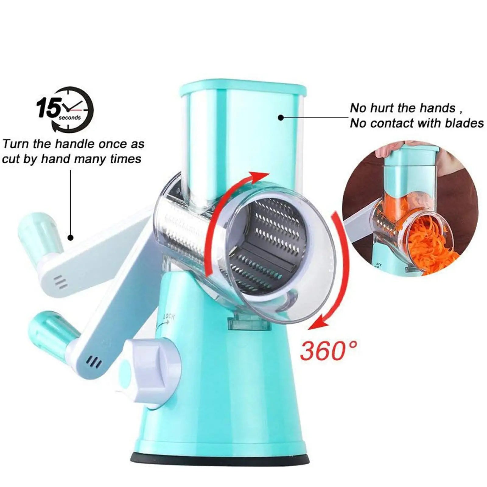Multifunctional mandoline vegetable slicer and grater with light blue plastic body stainless steel 360-degree rotating head