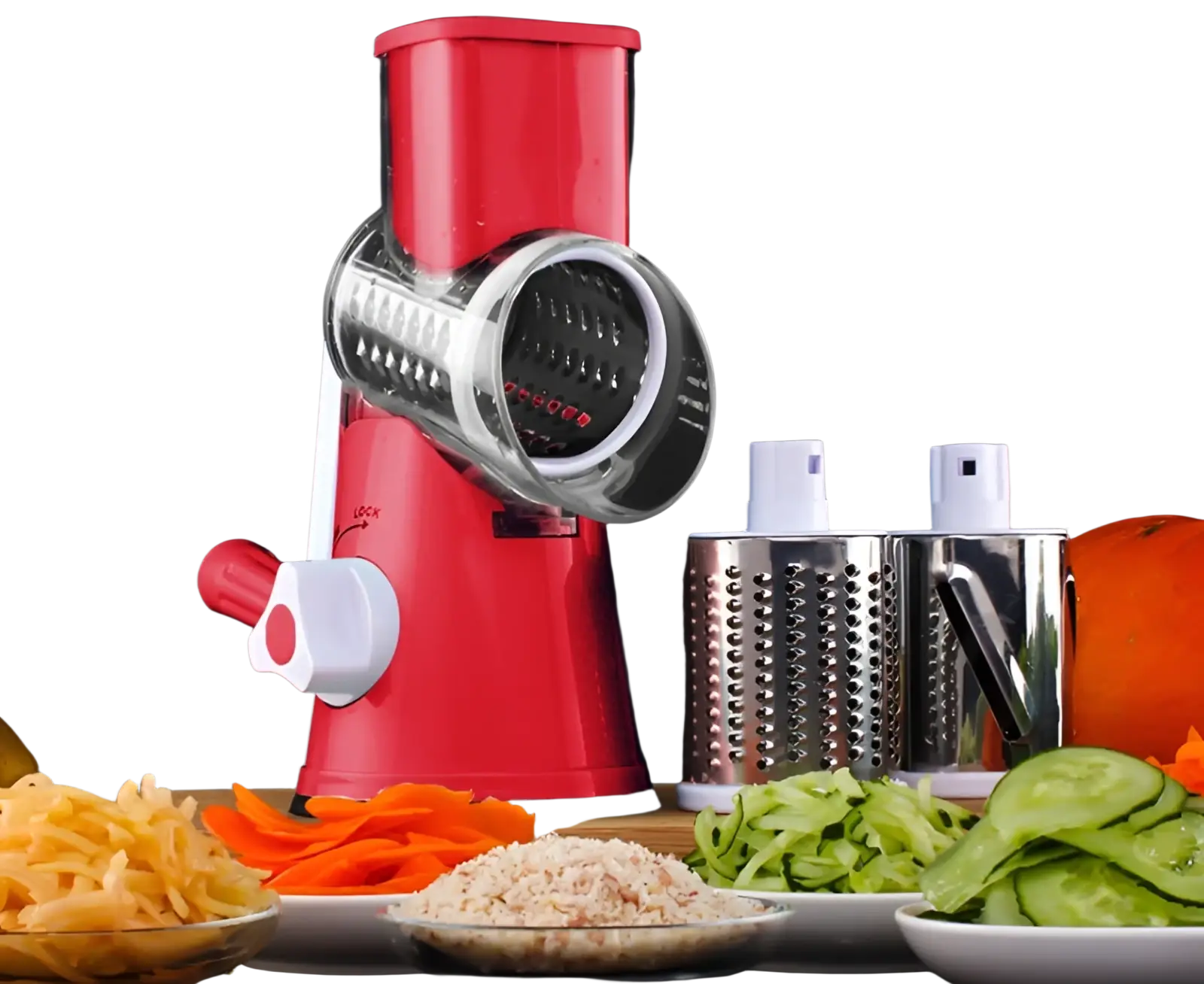 Multifunctional mandoline vegetable slicer and grater with red plastic body stainless steel interchangeable attachments
