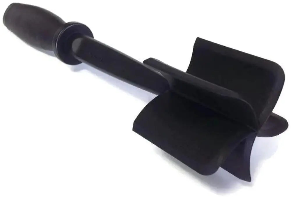 Black heat resistant nylon ground meat chopper and masher with textured grip handle and three curved blades