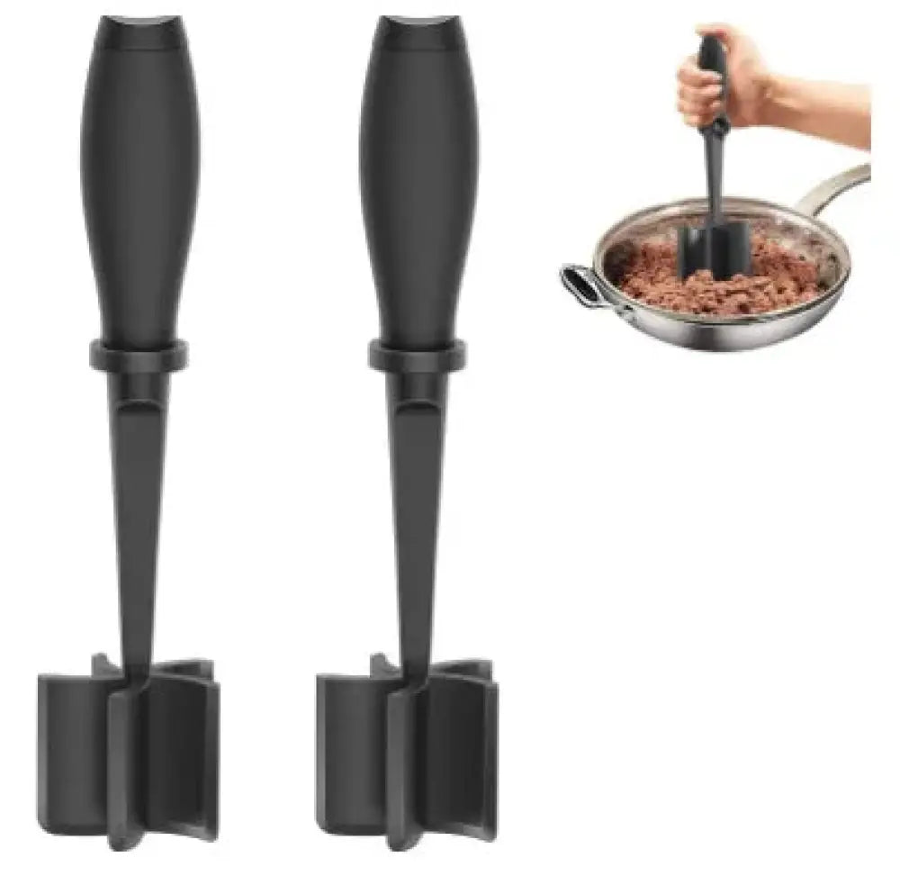 Black plastic heat resistant nylon meat masher with ergonomic handle and four-pronged base for ground meat chopping
