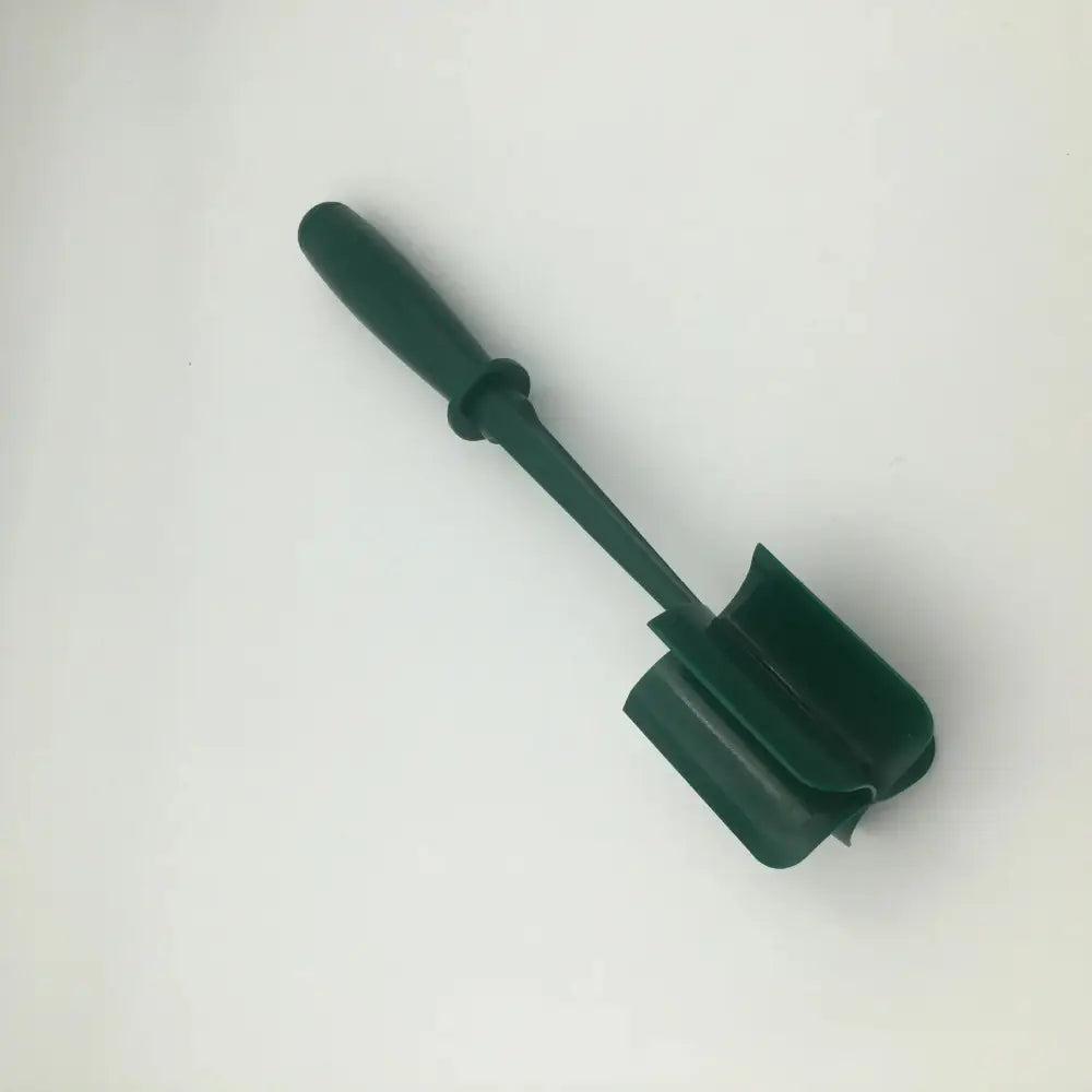 Dark green heat resistant nylon ground meat chopper and masher with ergonomic handle and curved spoon-like end