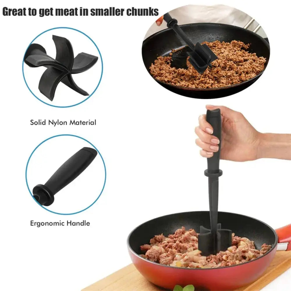Black solid nylon heat resistant meat grinder with ergonomic handle for ground meat chopping and mashing