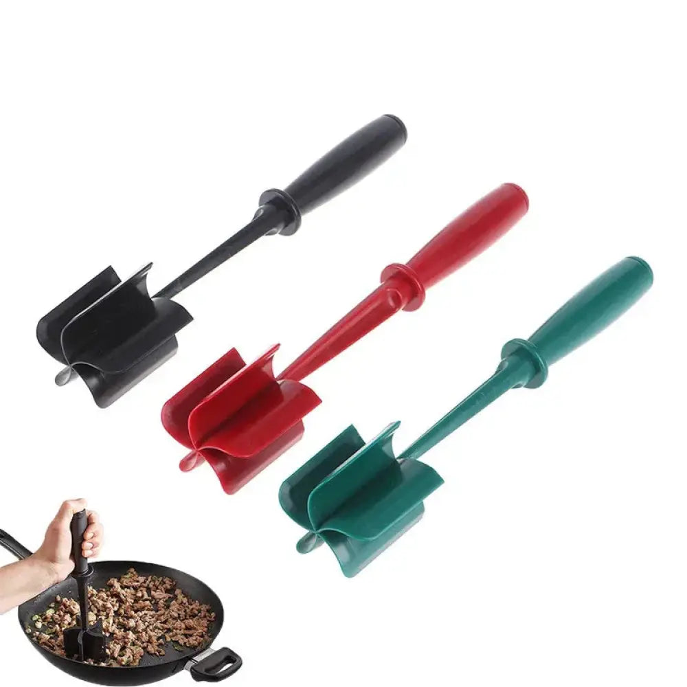 Heat resistant nylon ground meat chopper and masher in black red and green with ergonomic handles