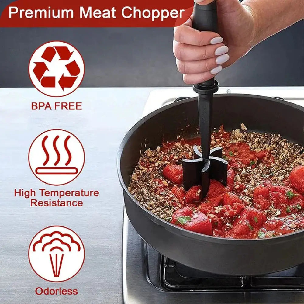 Black plastic heat resistant nylon ground meat chopper with sturdy handle and four-pronged blade for efficient kitchen use