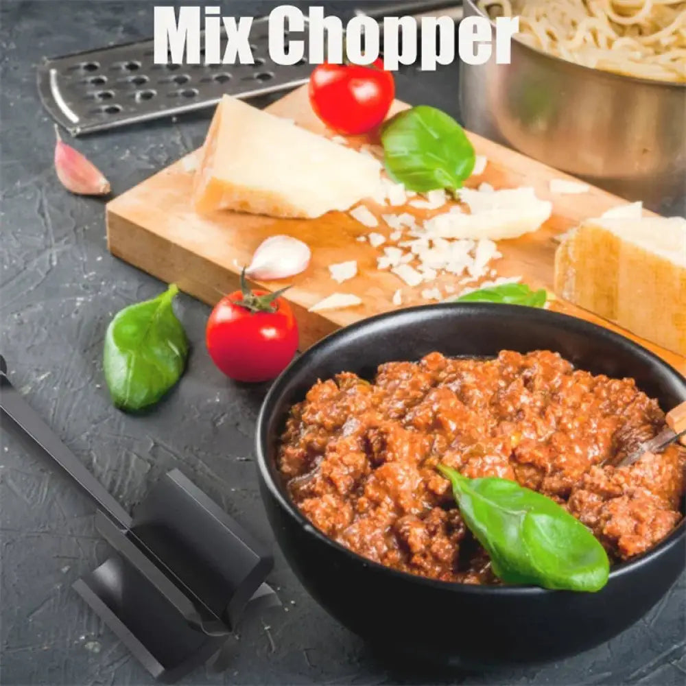 Black metal heat resistant nylon ground meat chopper with sleek modern design and sturdy handle for efficient mixing