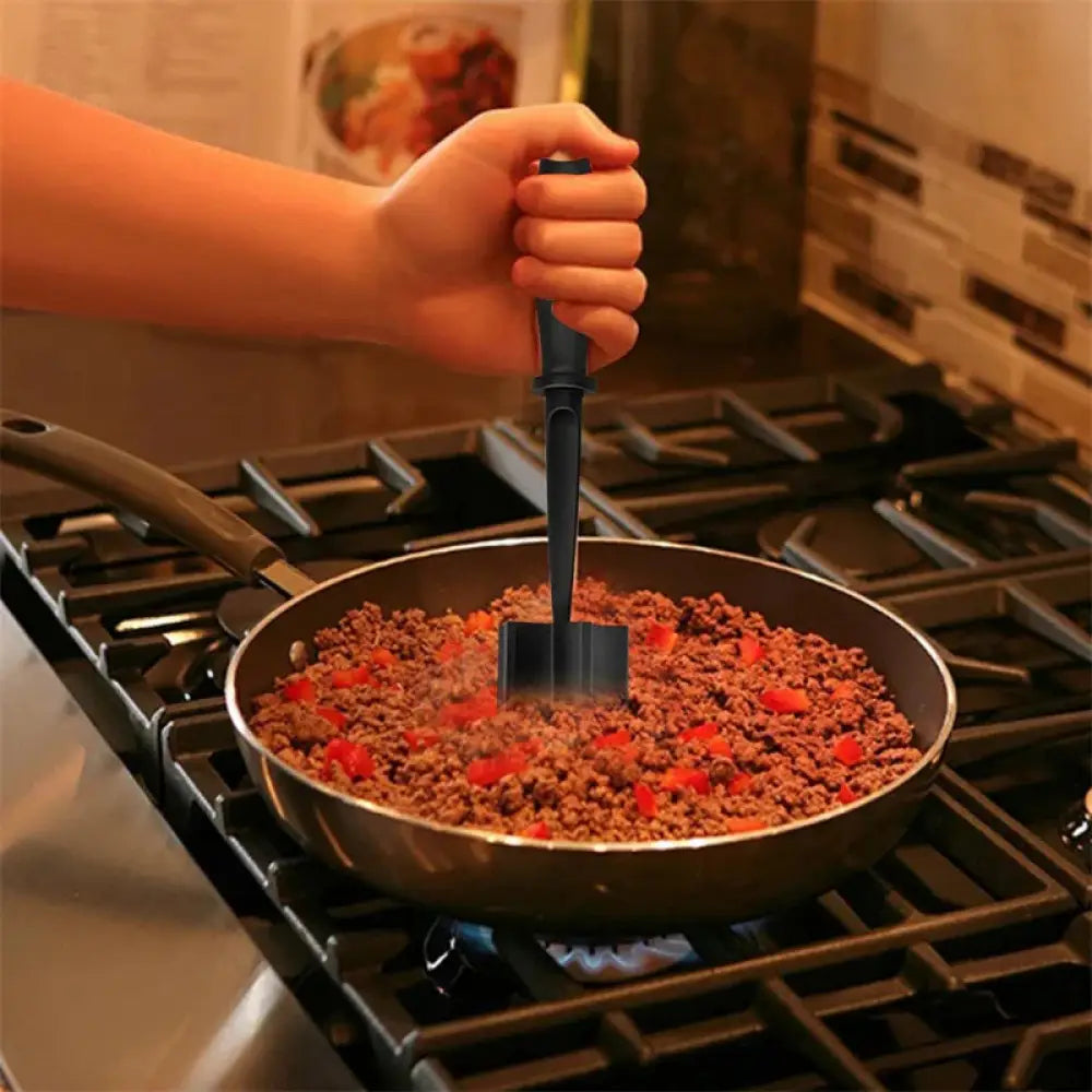 Heat resistant nylon black potato masher with flat square head and ergonomic handle for ground meat chopper use