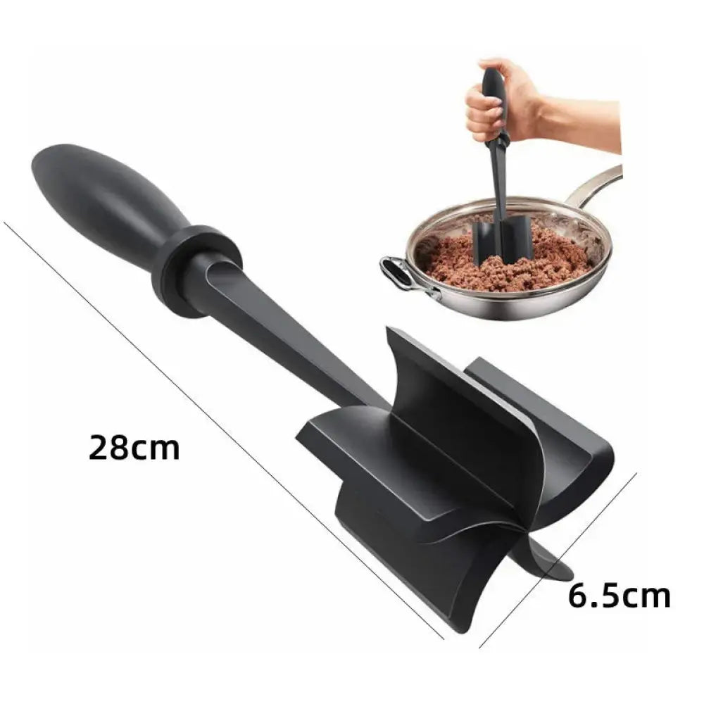 Black plastic meat grinder with ergonomic handle and three-pronged blade heat resistant nylon ground meat chopper and masher