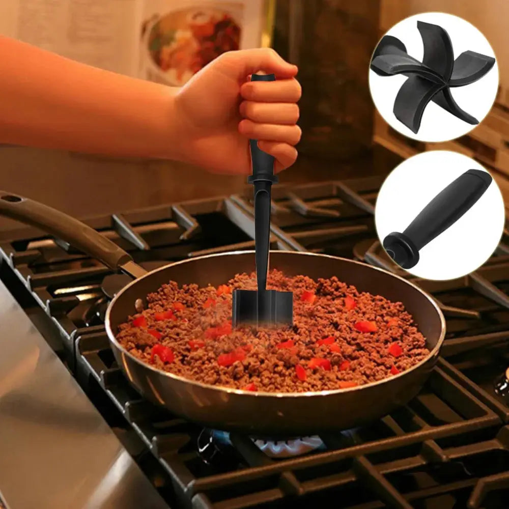 Black heat resistant nylon ground meat chopper and masher with four-pronged head and ergonomic handle