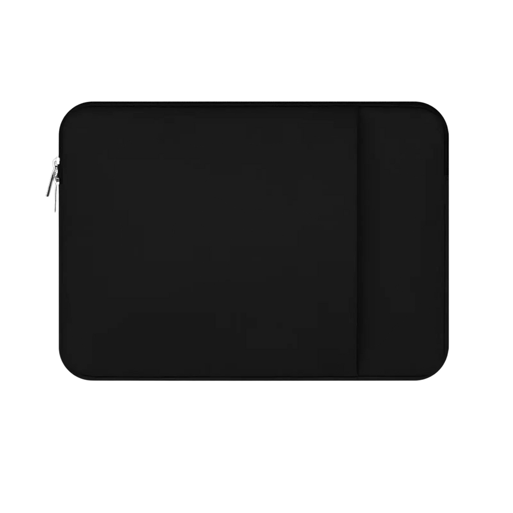 Black multifunctional neoprene laptop sleeve with sleek minimalist design and silver zipper pull for 11 to 17 inch laptops