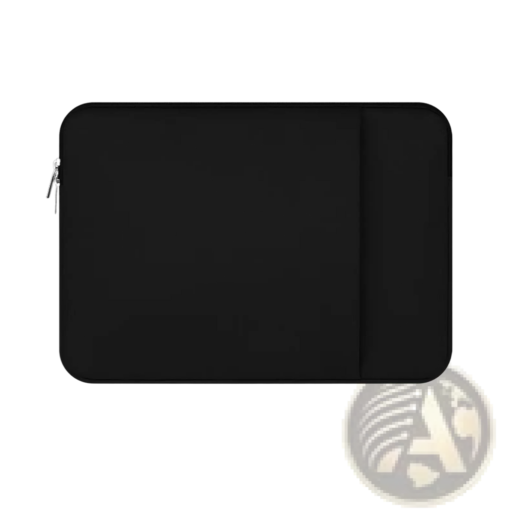 Black multifunctional neoprene laptop sleeve with sleek minimalist design and silver zipper pull for 11 to 17 inch laptops