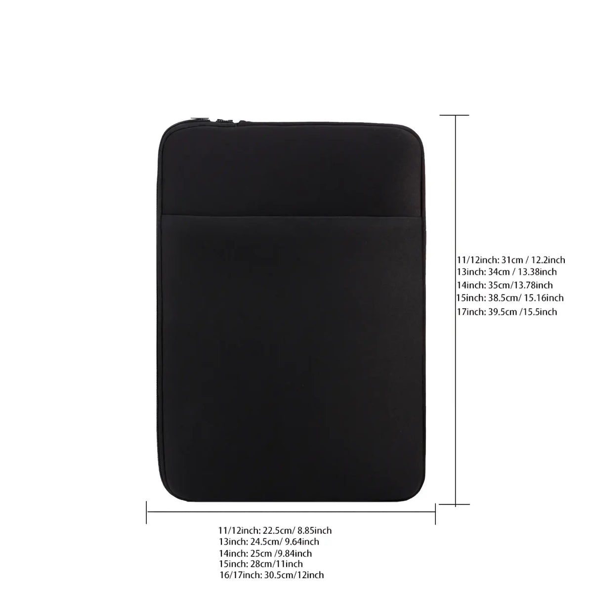 Black neoprene multifunctional laptop sleeve with front zippered pocket and rounded corners for 11 to 17 inch devices