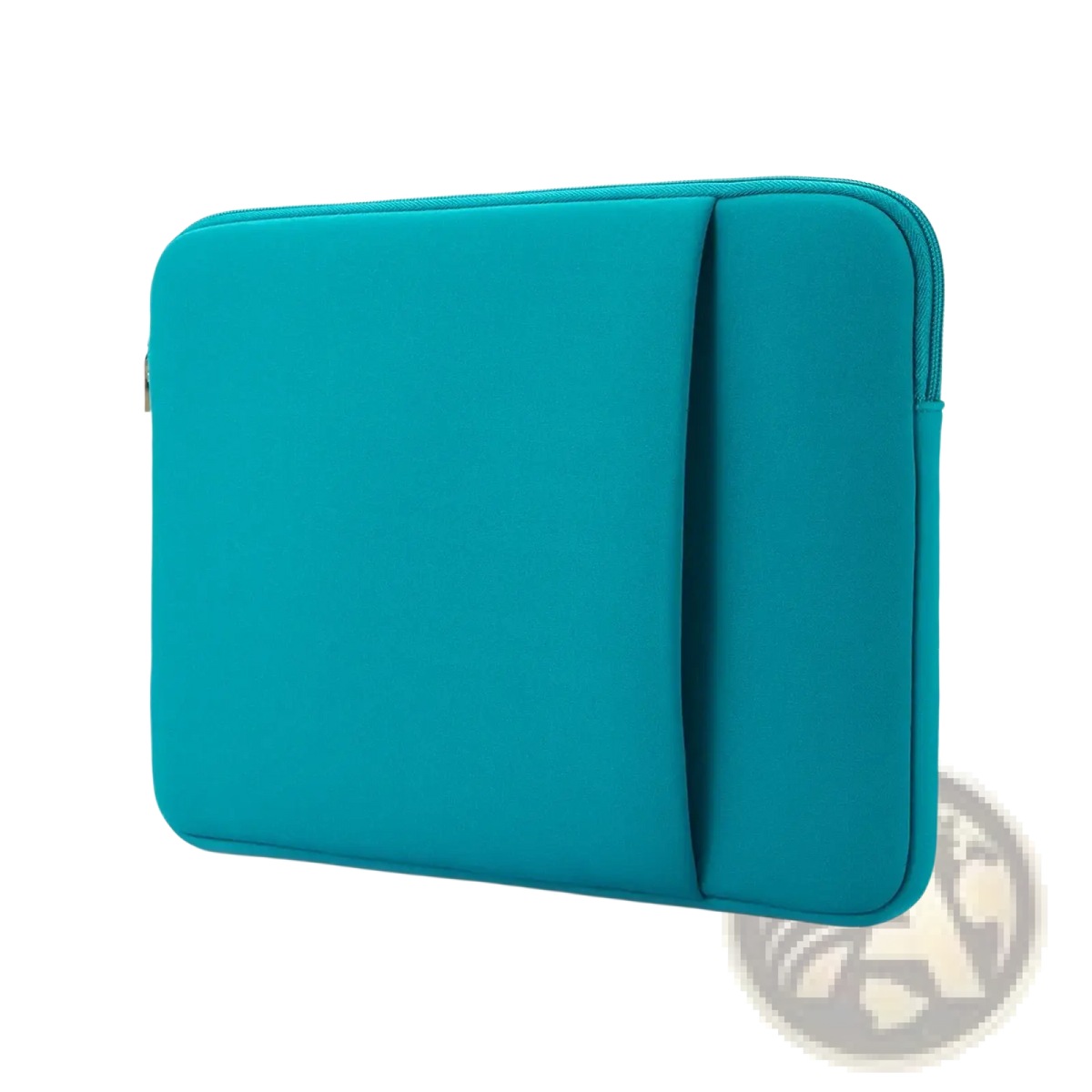Teal multifunctional neoprene laptop sleeve with zipper closure and vertical side pocket for 11 to 17 inch laptops
