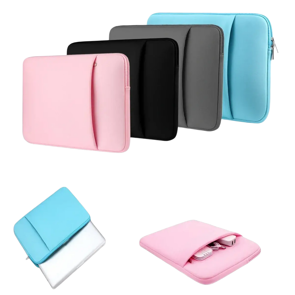 Pink multifunctional neoprene laptop sleeve with front pocket for mouse and power adapter fits 11 to 17 inch laptops