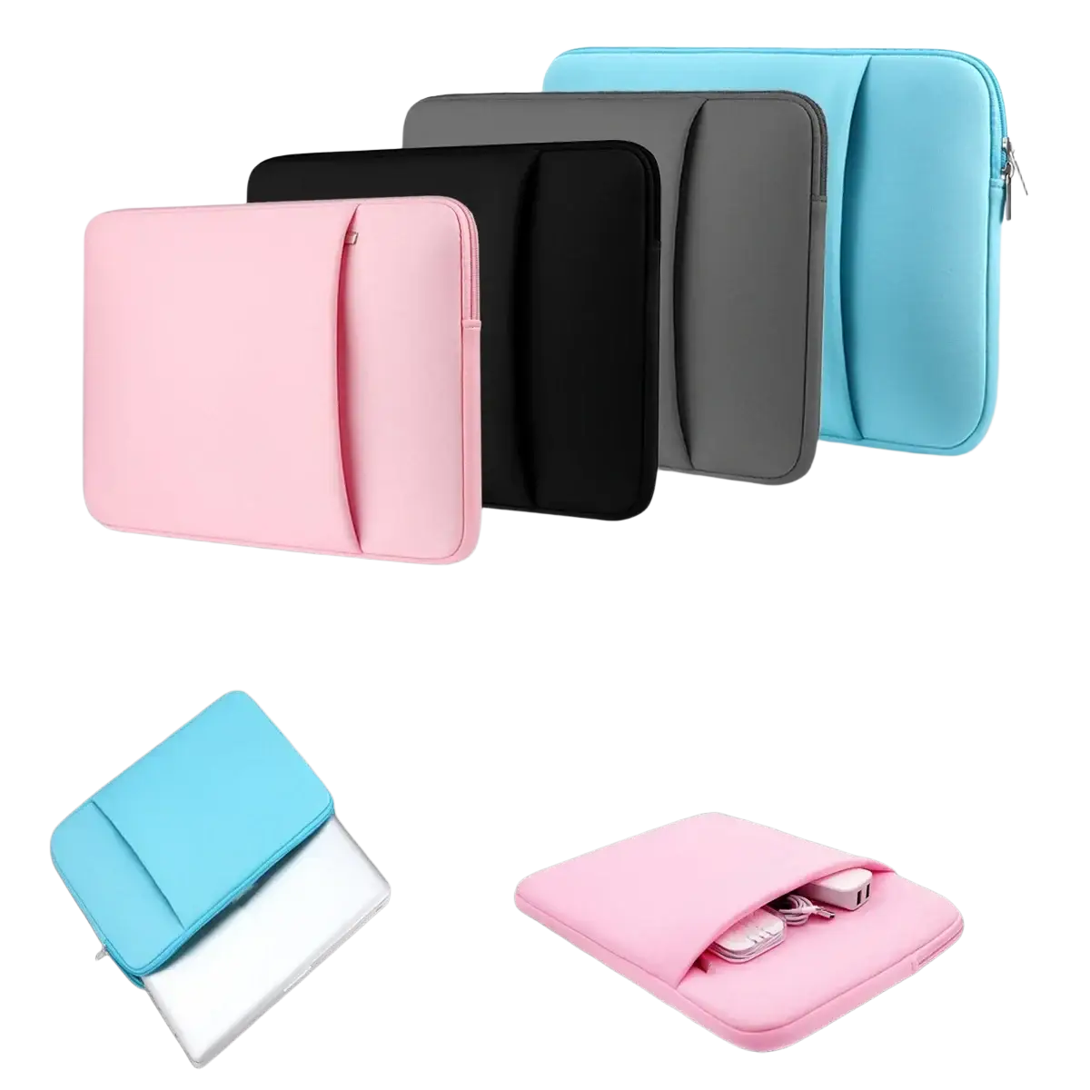 Pink multifunctional neoprene laptop sleeve with front pocket for mouse and power adapter fits 11 to 17 inch laptops