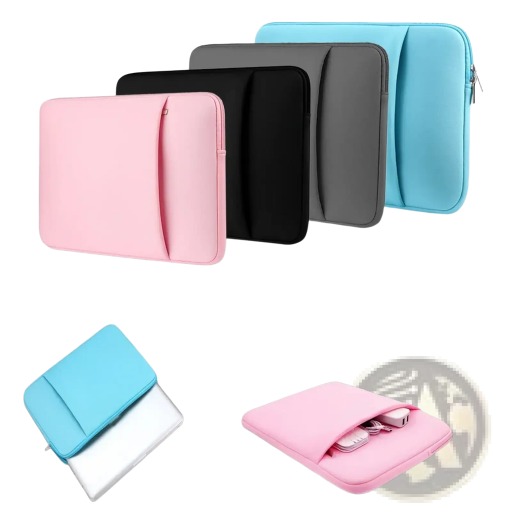 Pink multifunctional neoprene laptop sleeve with front pocket for mouse and power adapter fits 11 to 17 inch laptops