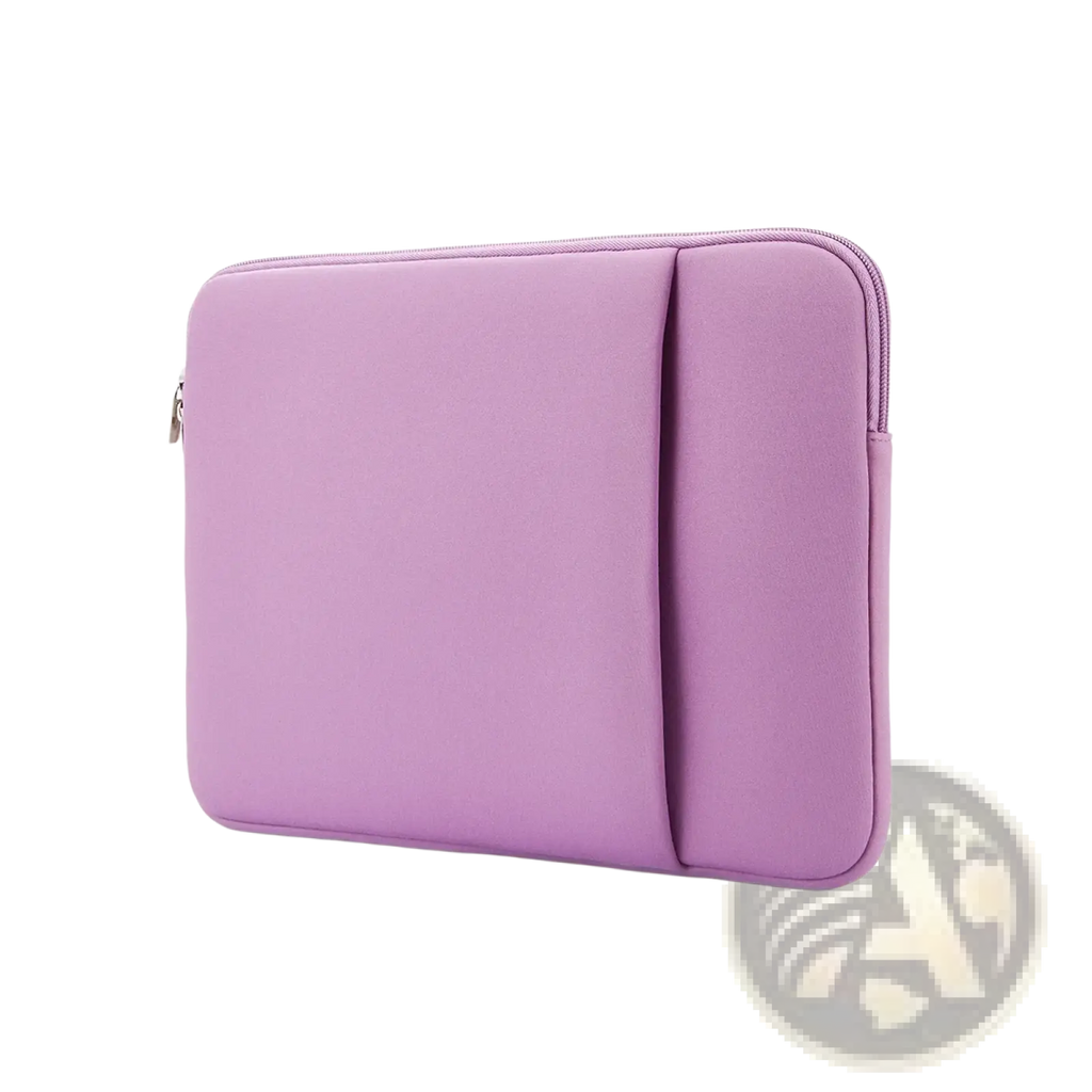 Purple multifunctional neoprene laptop sleeve with zipper closure and side pocket for 11 to 17 inch laptops