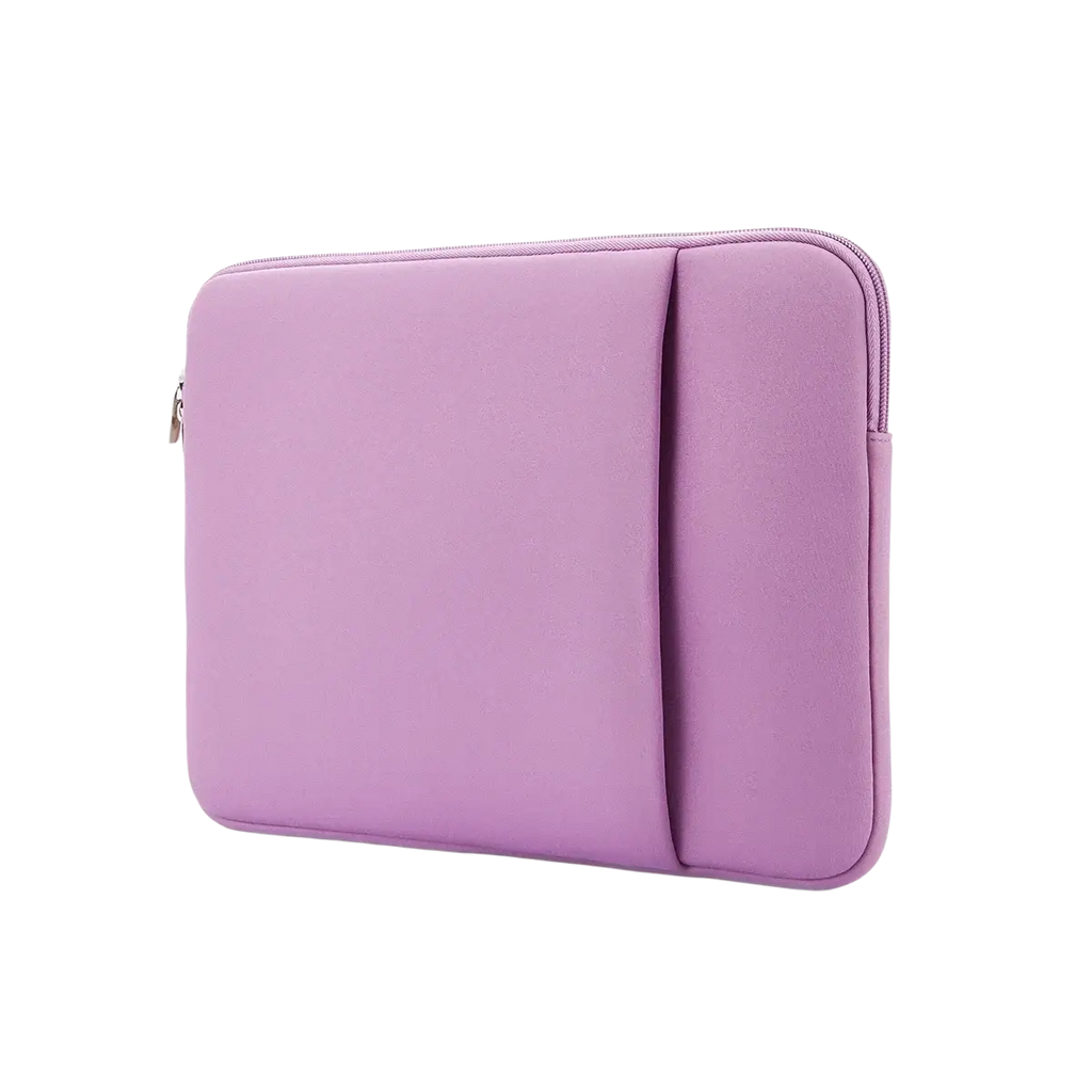 Purple multifunctional neoprene laptop sleeve with zipper closure and side pocket for 11 to 17 inch laptops