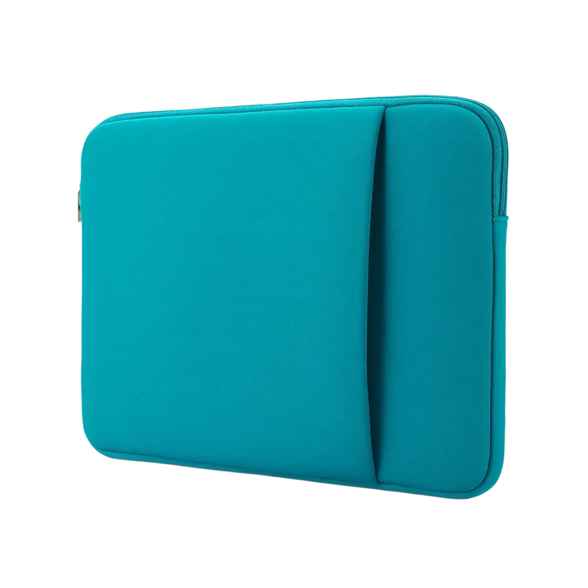 Teal multifunctional neoprene laptop sleeve with zipper closure and vertical side pocket for 11 to 17 inch laptops