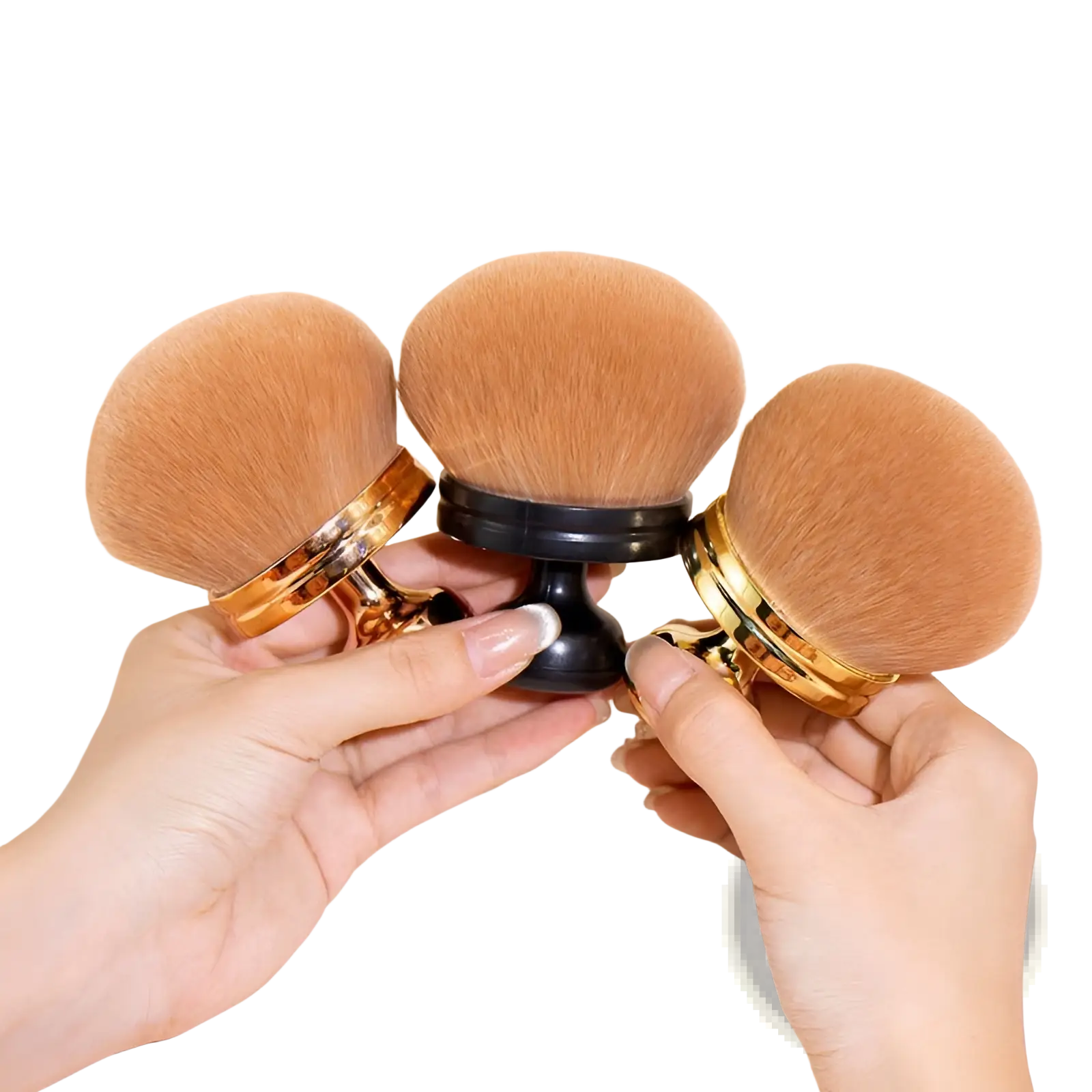 Three tan plush multifunctional oversized soft powder makeup brushes with gold and black handles held by two hands