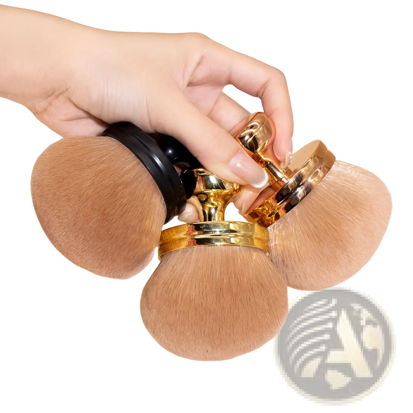 Set of three gold-finished multifunctional oversized soft powder makeup brushes with light brown synthetic bristles and black accents