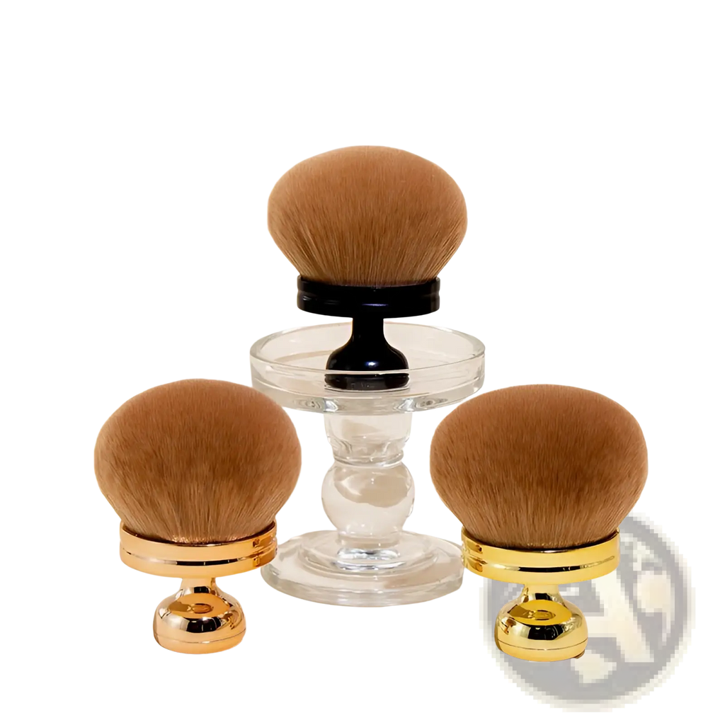 Three elegant round-headed multifunctional oversized soft powder makeup brushes with tan bristles and gold-toned handles