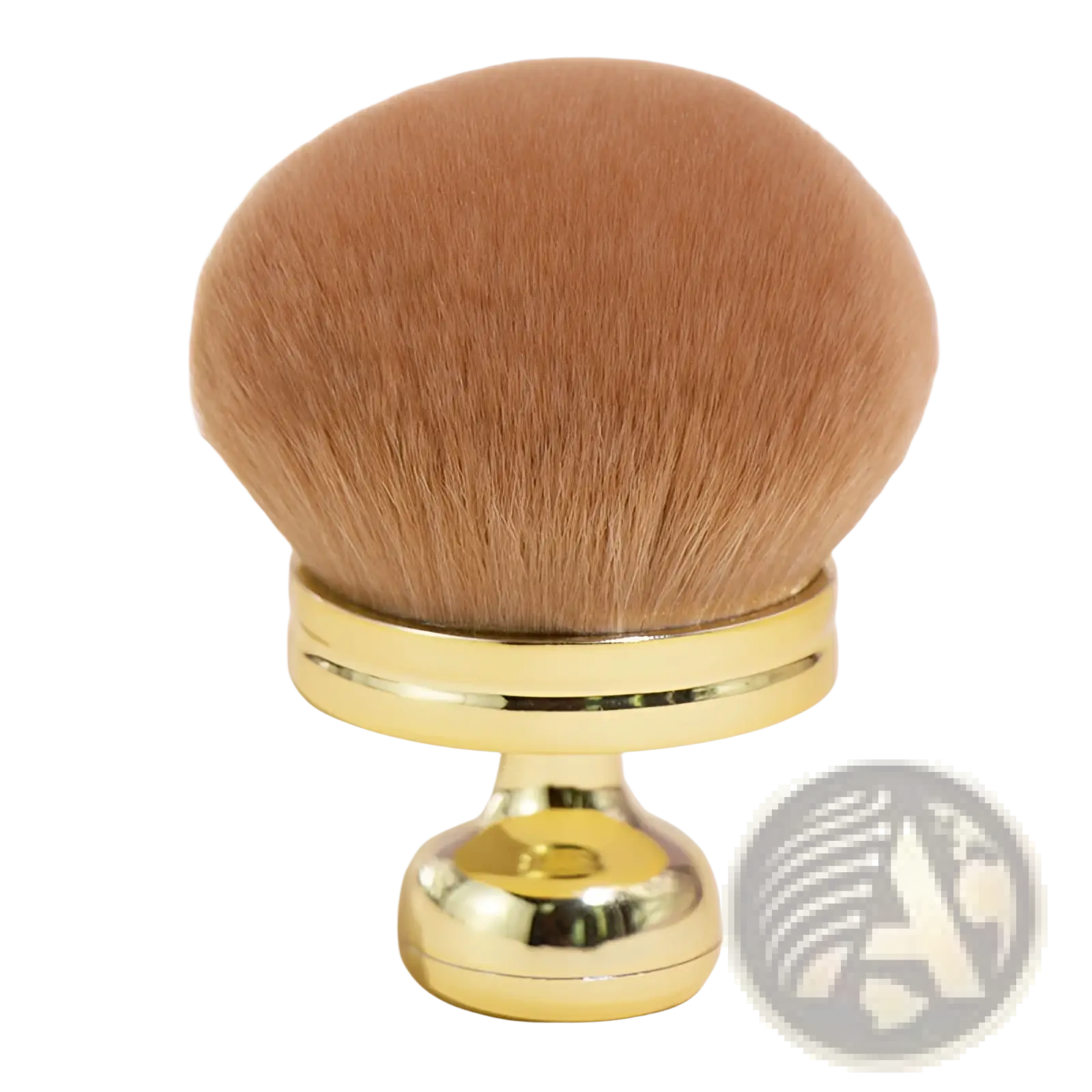 Multifunctional oversized soft powder makeup brush with a round fluffy tan head and polished gold metal handle