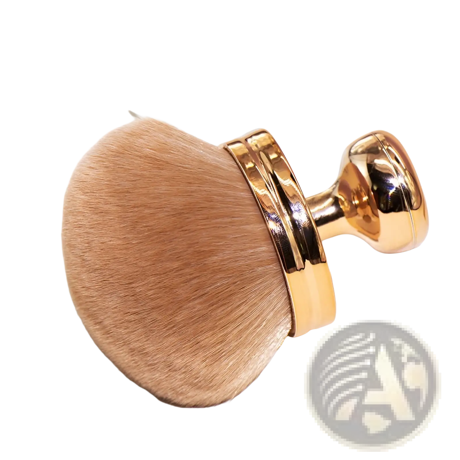 Multifunctional oversized soft powder makeup brush with golden handle and soft fluffy tan bristles in sleek metallic design