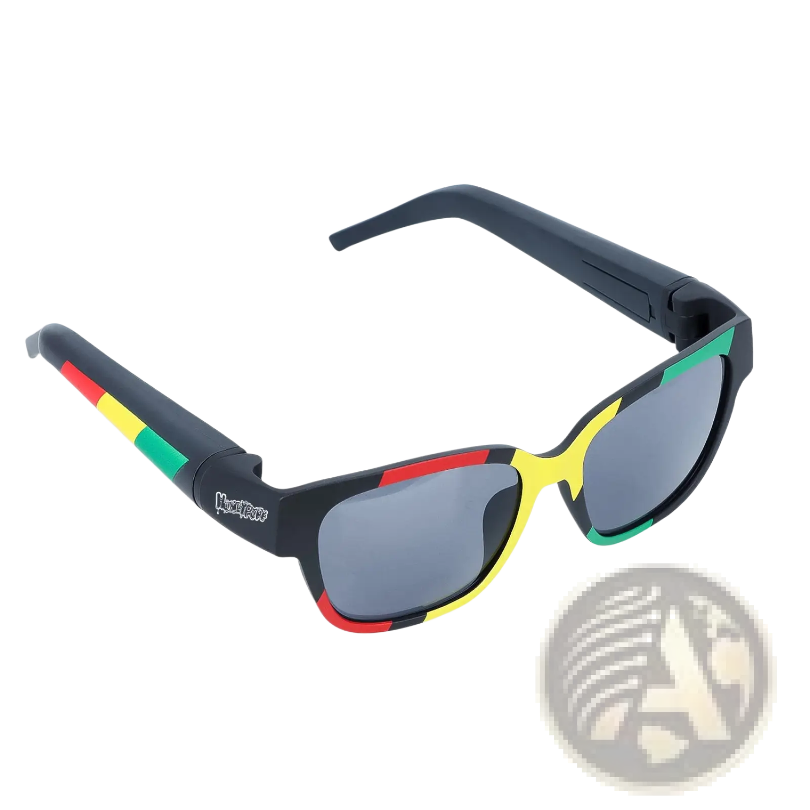 Multifunctional rectangular black-framed sunglasses with removable storage tube featuring red yellow green stripes and gray lenses