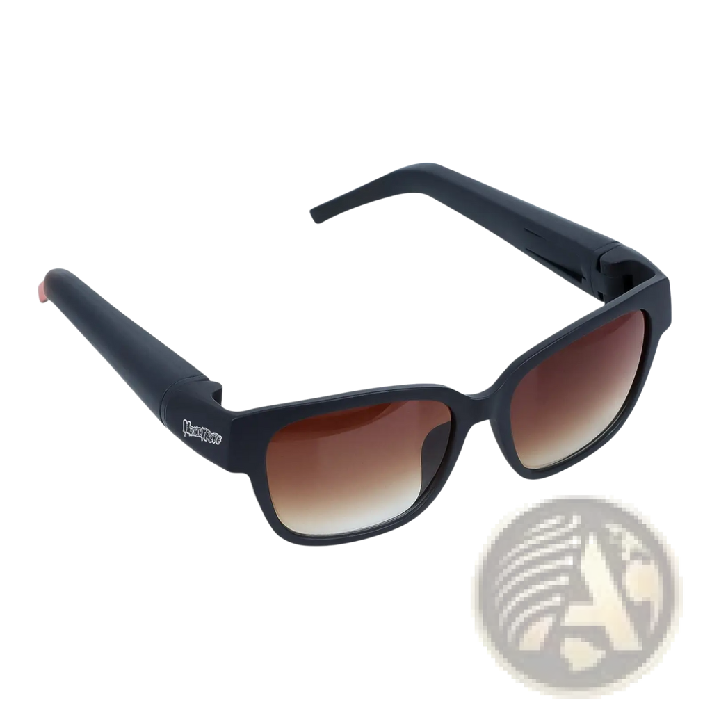 Multifunctional rectangular black sunglasses with gradient brown lenses and removable storage tube in sleek design