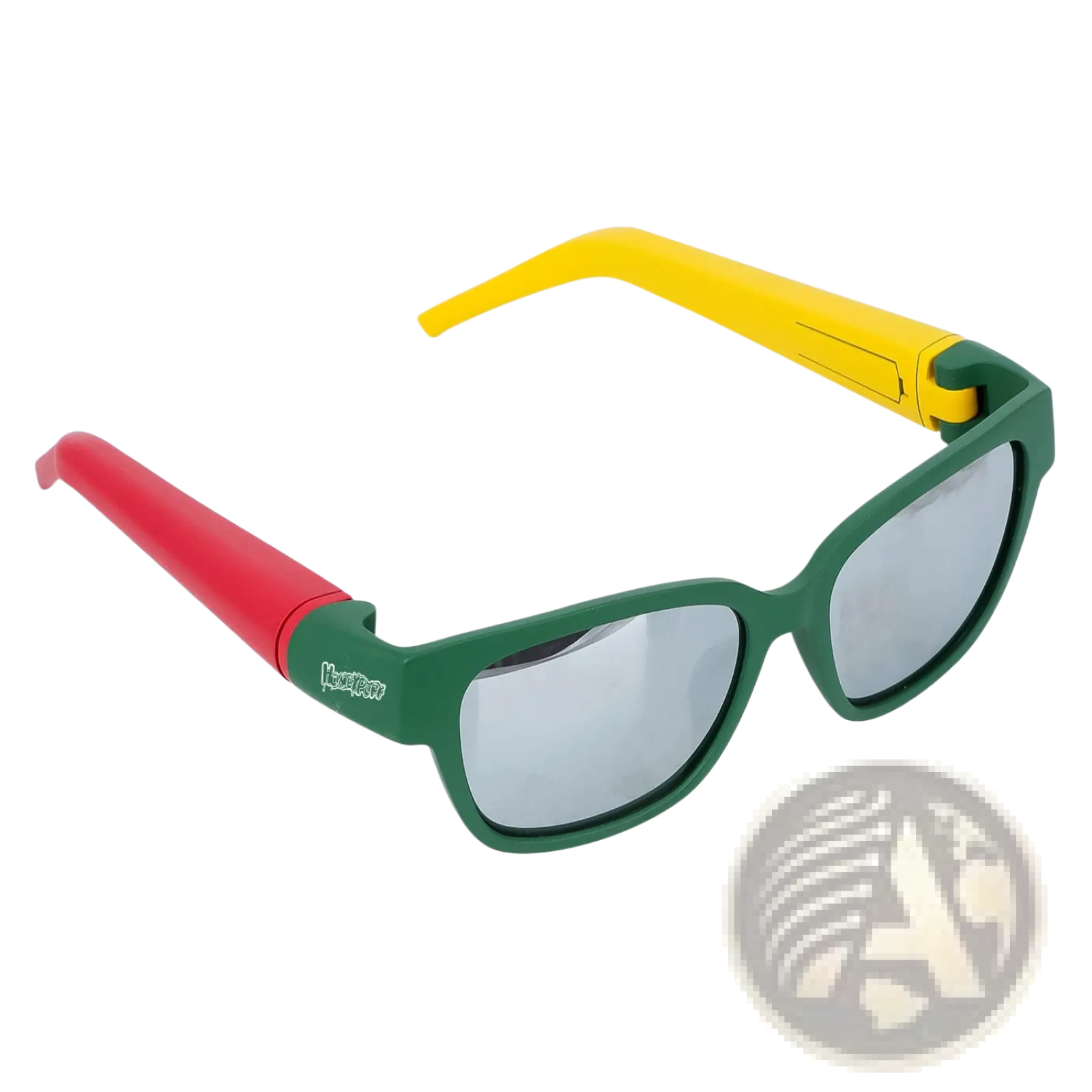 Multifunctional rectangular sunglasses with green frame, red and yellow arms, mirrored lenses, and removable storage tube