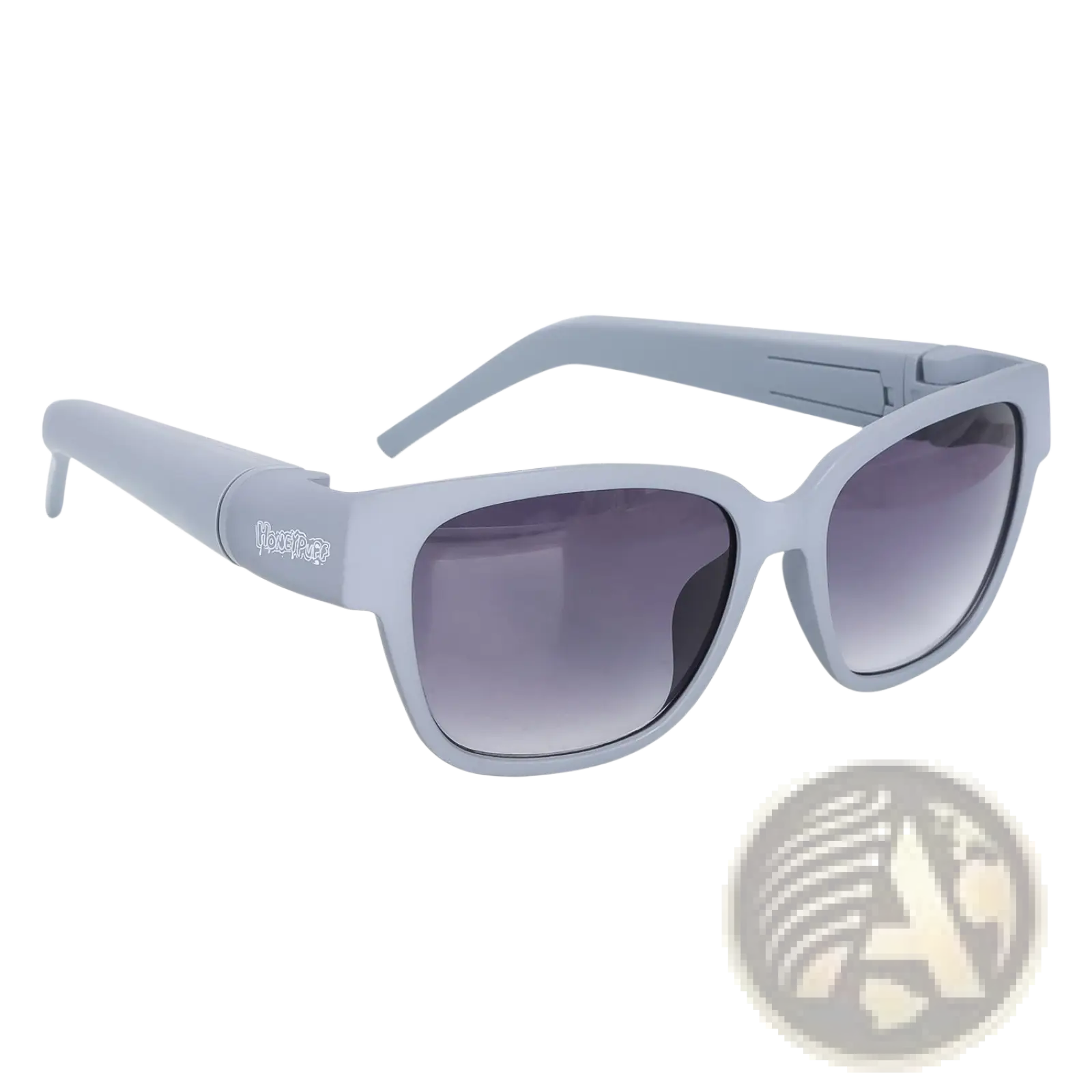 Light gray multifunctional rectangular sunglasses with gradient dark gray lenses and a removable storage tube