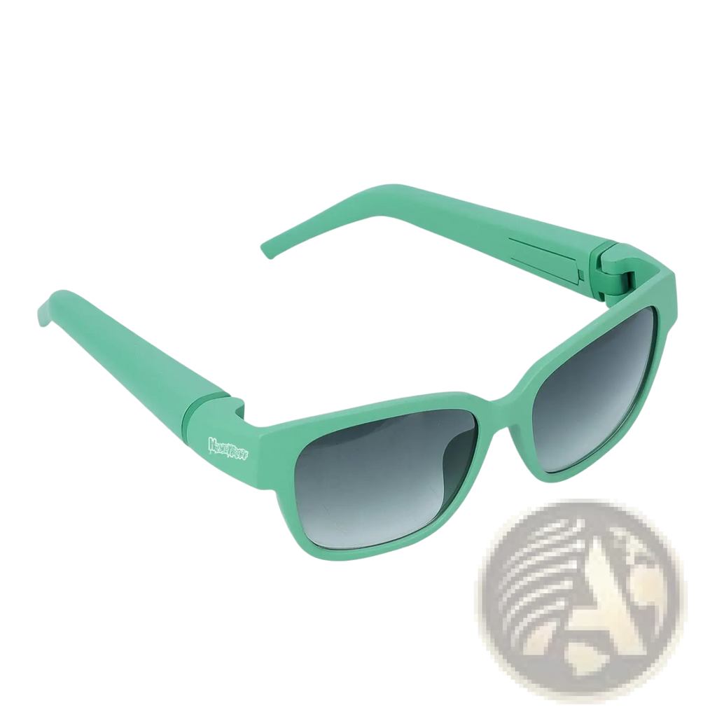 Teal-framed foldable multifunctional rectangular sunglasses with gradient gray lenses and removable storage tube