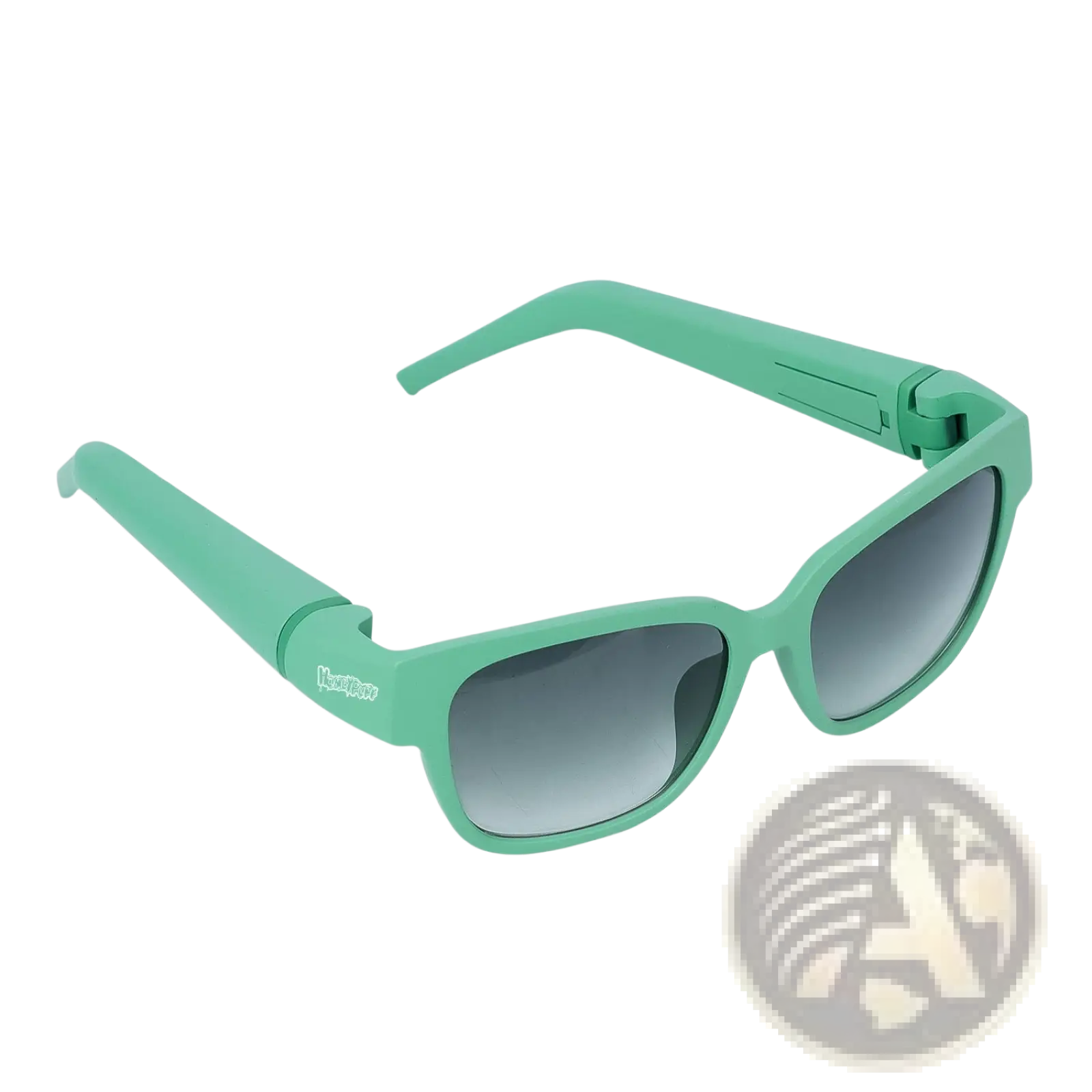 Teal-framed foldable multifunctional rectangular sunglasses with gradient gray lenses and removable storage tube