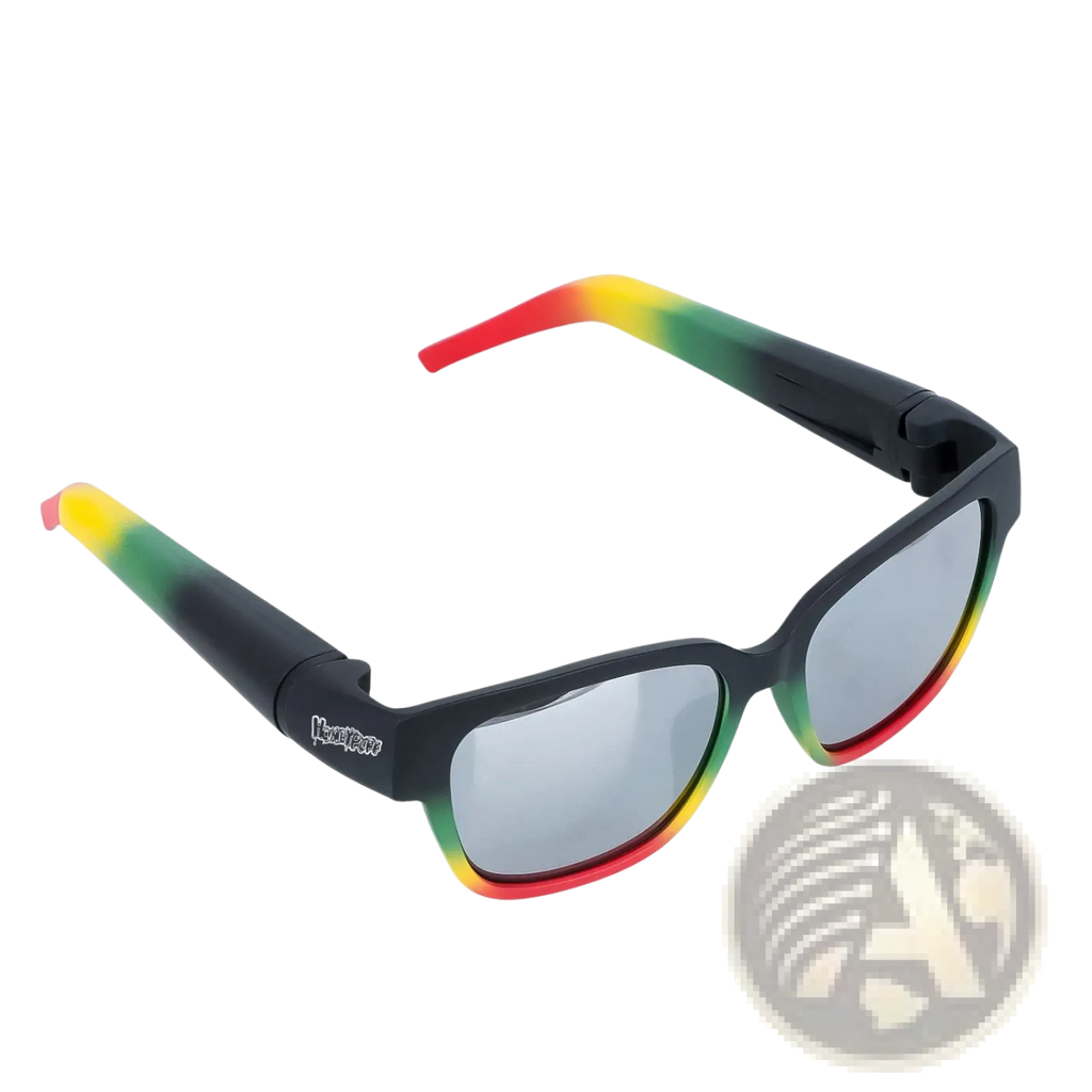 Multifunctional rectangular sunglasses with black frames and removable storage tube featuring red yellow and green accents